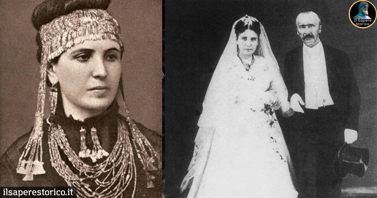 Il Sapere Storico - Sophia Engastromenou Schliemann con i gioielli del tesoro di Priamo e in una foto del matrimonio