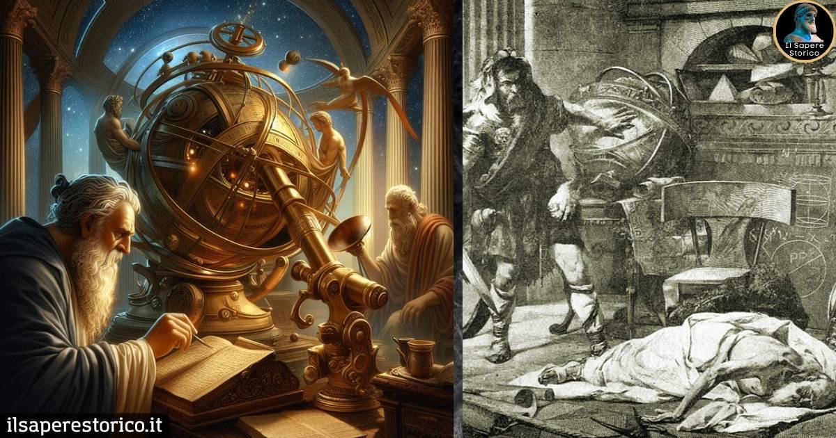 Il Sapere Storico - A sinistra, Archimede e il planetario, a destra l'uccisione di Archimede