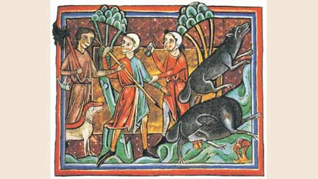 Miniatura medievale raffigurante la caccia del lupo